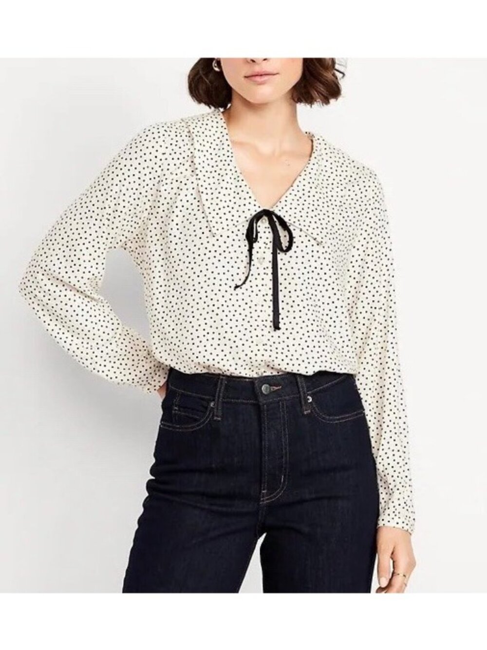 Old Navy Polka Dot Tie Bow Long Sleeve Blouse Ivory Black M Office Preppy NWT